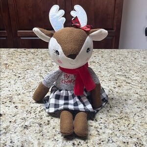 Brown and White Stuffed Rattle Reindeer. My first Christmas.